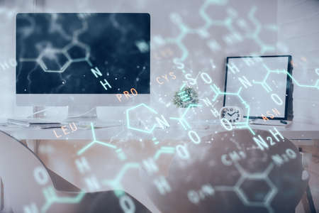 Double exposure of formulas drawing and office interior background. Concept of education.の写真素材