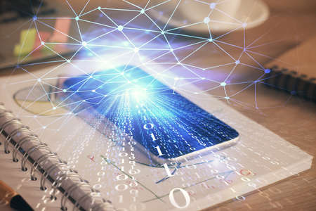 Double exposure of data theme drawing and mobile phone background. Concept of innovationの写真素材