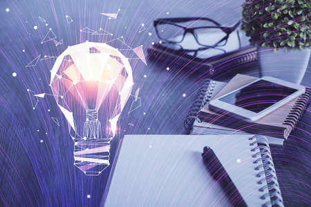 Double exposure of bulb drawing and cell phone background. Concept of ideaの写真素材