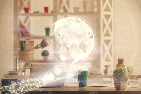 Multi exposure of world map drawing and office interior background. Concept of international...