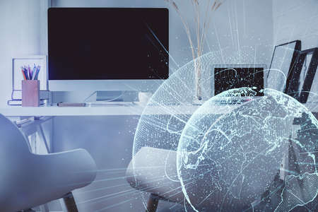 Double exposure of social network theme drawing and office interior background. Concept of web.の写真素材