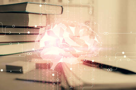 Double exposure of brain drawing and desktop with coffee and items on table background. Concept of research.の写真素材