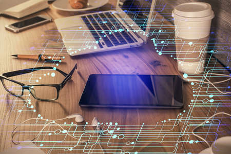 Double exposure of data theme drawing and mobile phone background. Concept of innovation