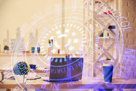 Double exposure of data theme drawing and office interior background. Concept of technology.の写真素材