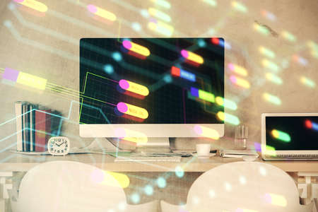 Multi exposure of data theme drawing and office interior background. Concept of technology.