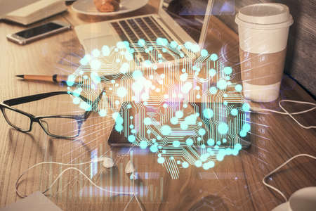 Double exposure of brain theme drawing and cell phone background. Concept of informationの写真素材