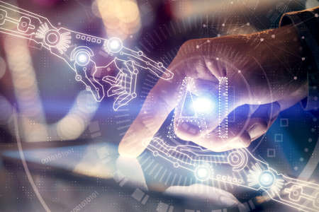 Multi exposure of mans hand holding and using a digital device and data theme drawing. Innovation concept.の写真素材