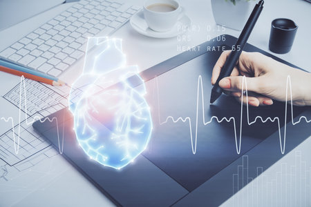 Double exposure of heart sketch hologram and woman holding and using a mobile device. Medical education concept.の写真素材