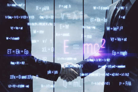 Double exposure of formulas drawings hologram and handshake of two men. Education concept