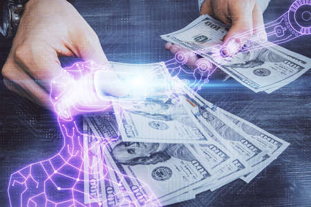 Multi exposure of vr glasses drawing hologram and USA dollars bills and man hands.の写真素材