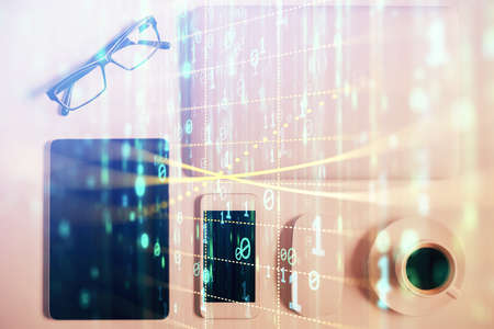 Double exposure of technology theme drawing over work table desktop. Top view. Global data analysis concept.の写真素材