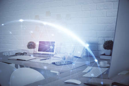 Double exposure of social network theme drawing and office interior background. Concept of web.