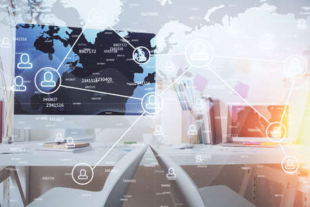 Double exposure of social network theme drawing and office interior background. Concept of web.の写真素材