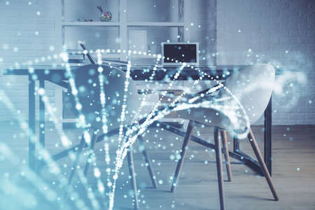 Double exposure of dna drawing and office interior background. Concept of science.の写真素材