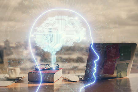 Multi exposure of brain drawings and desk with open notebook background. Concept of AIの写真素材