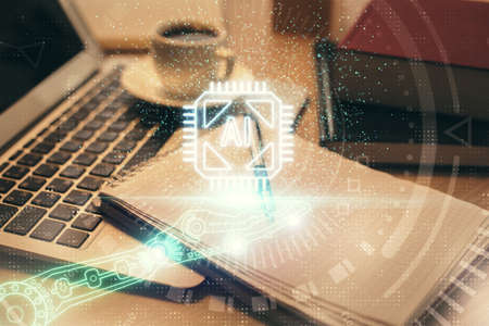 Double exposure of technology theme drawing and desktop with coffee and items on table background. Concept of data research.の写真素材