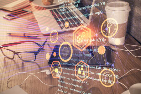 Double exposure of data theme drawing and mobile phone background. Concept of innovation