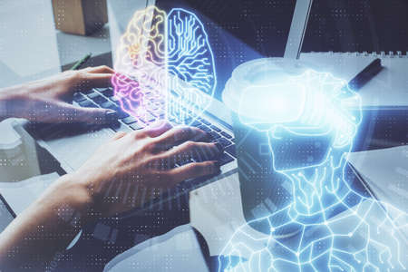 Double exposure of woman hands typing on computer and man in AR glasses drawing. Education concept.