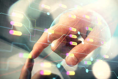 Multi exposure of mans hands holding and using a digital device and map drawing. International...