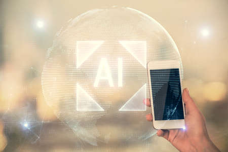 Double exposure of technology sketch hologram and woman holding and using a mobile device.