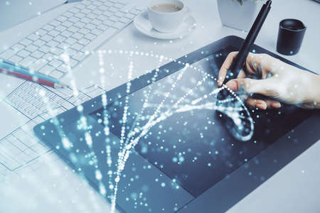 Double exposure of DNA sketch hologram and woman holding and using a mobile device. Education concept.の写真素材