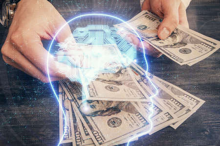 Multi exposure of brain drawing hologram and us dollars bills and man hands. Ai invest conceptの写真素材