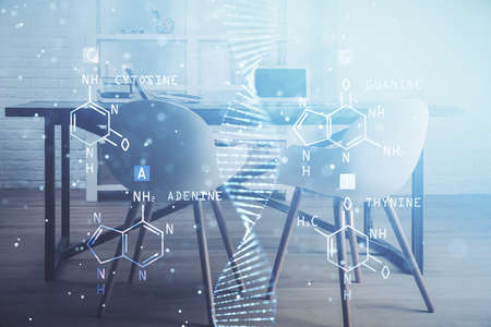 Double exposure of dna drawing and office interior background. Concept of science.の写真素材