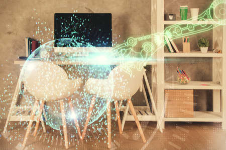 Multi exposure of data theme drawing and office interior background. Concept of technology.の写真素材