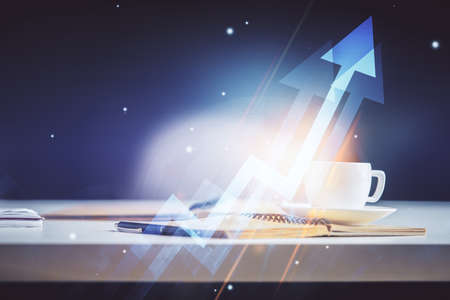 Double exposure of arrows drawing and desktop with coffee and items on table background. Concept of...
