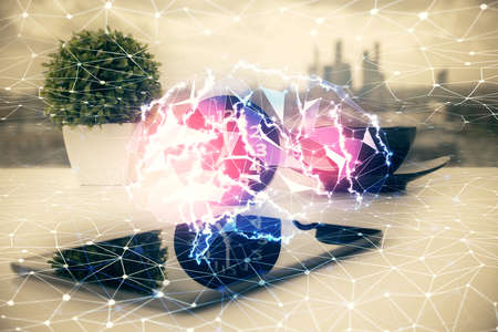 Double exposure of brain theme drawing and cell phone background. Concept of informationの写真素材