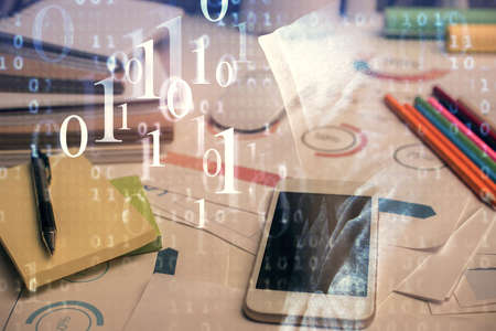 Double exposure of data theme drawing and mobile phone background. Concept of innovationの写真素材