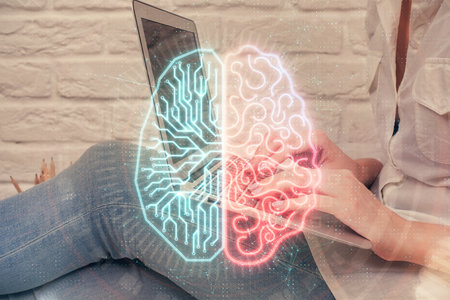 Multi exposure of woman hands working on computer and brain hologram drawing. Ai concept.