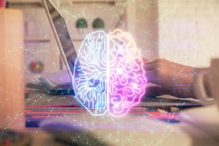 Double exposure of woman hands working on computer and brain hologram drawing. Ai concept.