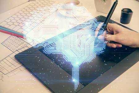 Double exposure of brain sketch hologram and woman holding and using a mobile device.