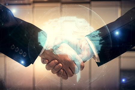 Double exposure of brain hologram and handshake of two men. Partnership in IT industry concept.の写真素材