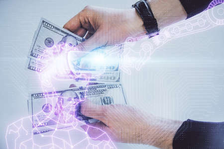 Multi exposure of vr glasses drawing hologram and USA dollars bills and man hands.の写真素材