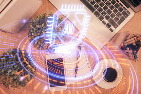 Double exposure of technology theme drawing over work table desktop. Top view. Global data analysis concept.の写真素材