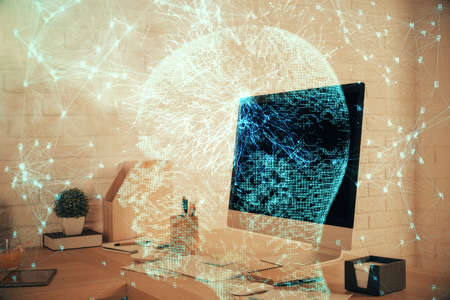 Double exposure of brain drawing and office interior background. Concept of data technology.