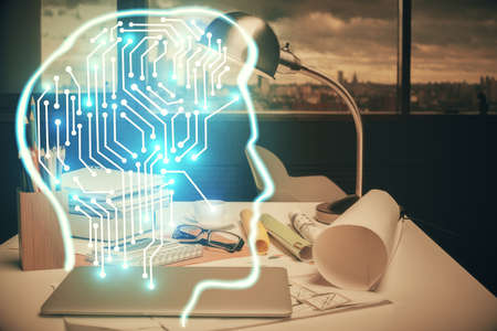 Double exposure of brain drawing and office interior background. Concept of data technology.
