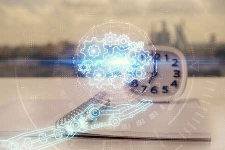 Multi exposure of data theme drawings and desk with open notebook background. Concept of educationの写真素材