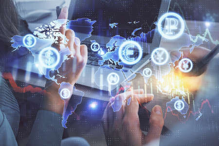 Double exposure of man and woman working together and forex chart hologram. Business concept....