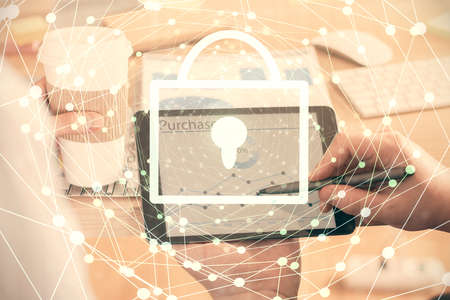 Multi exposure of mans hands holding and using a digital device and lock drawing. Security concept.