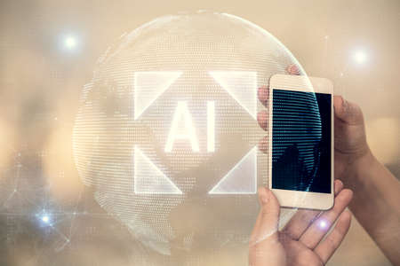 Double exposure of technology sketch hologram and woman holding and using a mobile device.の写真素材