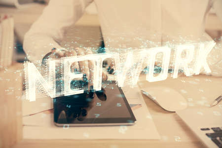 Double exposure of technology sketch hologram and woman holding and using a mobile device. Ai conceptの写真素材