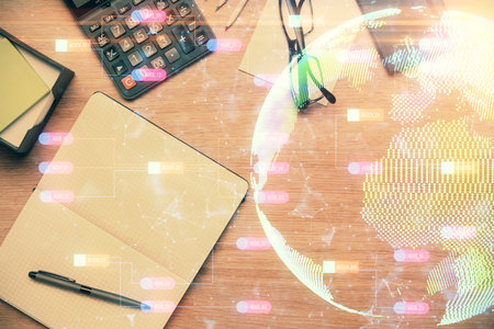 Double exposure of map sketch and table top veiw. Concept of international data.の写真素材
