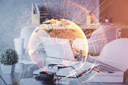 Double exposure of social network theme drawing and office interior background. Concept of web.の写真素材