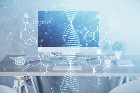 Double exposure of dna drawing and office interior background. Concept of science.の写真素材