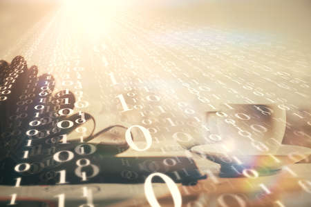 Double exposure of technology theme drawing and desktop with coffee and items on table background. Concept of data research.の写真素材