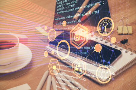 Double exposure of data theme drawing and mobile phone background. Concept of innovation