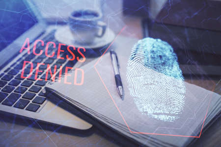Double exposure of fingerprint drawing and desktop with coffee and items on table background....